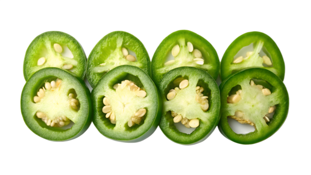 Sliced green jalape?o peppers arranged in two rows on black background chili