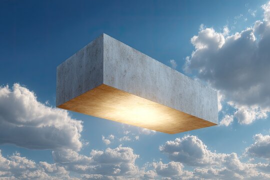 Concrete block floats in a cloudy sky