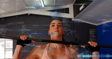 Woman entering gym gripping barbell performing clean and overhead press with code overlays - Powered by Adobe