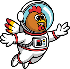 Adorable Cartoon Chicken Astronaut Floating Gracefully in Space with a Vibrant Red Comb and Yellow Tail Feathers Adorned in a Detailed White Spacesuit