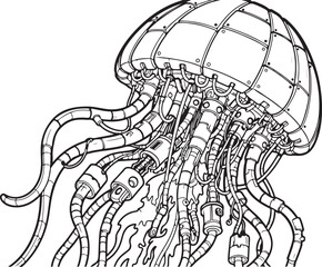 Intricate Robotic Jellyfish Line Art Illustration