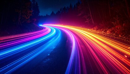 Night road with vibrant light trails