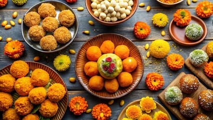 Exquisite Diwali sweets and vibrant flowers create a festive celebration atmosphere for cultural events and joyful gatherings, perfect for food blogs