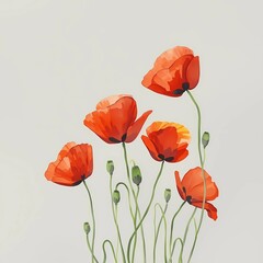Obraz premium Minimalist Watercolor Scarlet Poppies with Green Stems on Light Grey Background