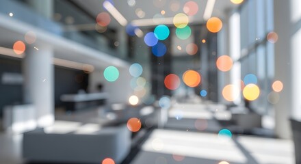 Defocused interior of a contemporary business building with a glowing bokeh overlay, symbolizing innovation and connectivity
