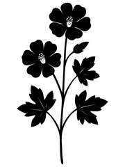 Silhouette of a flowering plant with two large blossoms, multiple buds, and detailed leaves. Perfect for botanical designs, natural decorations, floral prints, and eco-friendly projects.