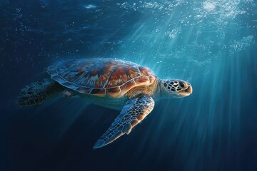 Fototapeta premium Sea turtle swimming in sunlit underwater scene