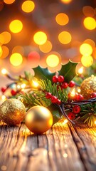 Festive Christmas Decorations with Ornaments and Warm Lights
