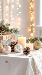 Elegant Christmas Decor with Ornaments, Candles, and Pine Cones
