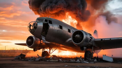 Dramatic Airplane Crash Scene with Fire and Smoke Vintage Plane Disaster and Destruction at Sunset Calamity and Ruin