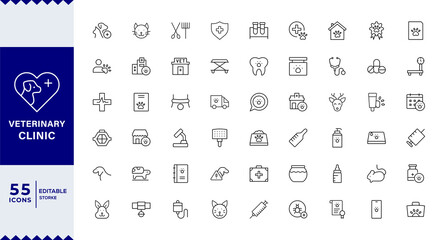 Pixel Perfect, Veterinary Clinic Line Editable Icons set. modern thin line style of animals care related icons: pets, types of examinations and veterinary services,Veterinary