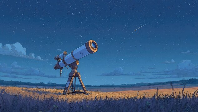 A telescope on a grassy field under a starry night sky