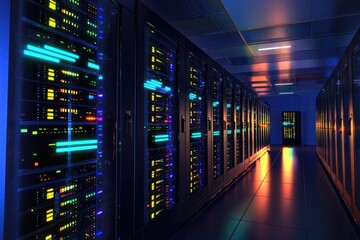 Fototapeta premium Futuristic AI data center racks with glowing multicolor lights, advanced IT cloud infrastructure for enterprise computing, ideal for technology presentations, digital workflow, and network security
