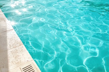 Clear turquoise swimming pool water with sunlight reflections at the corner edge, ideal for summer backgrounds, travel promotions, wellness themes, and vacation marketing use