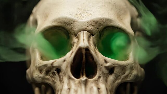 A skull with glowing green eyes is surrounded by a wisp of smoke