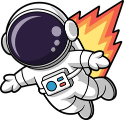Adorable Cartoon Astronaut Soars Through Space with Fiery Rocket Boosters Exciting Space Adventure Exploration