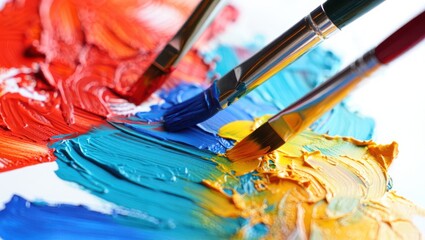 Obraz premium Vibrant paint strokes with artist brushes painting colors