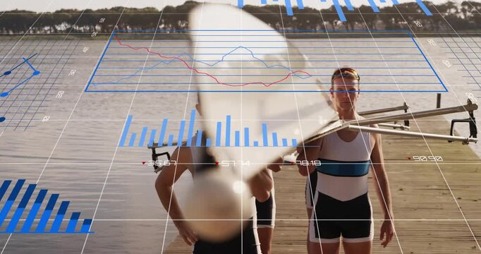 Crew teammates shouldering riggers on dock generating sports analytics overlays with bar pie charts