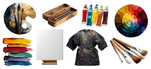 Set of art essential tool supplies for painter artist, paintbrush brush, palette, oil paint tube bottle, colour wheel, apron, pencil, easel canvas, transparent cutout PNG. Many different mockup