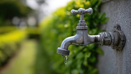Outdoor water faucet dripping in garden setting