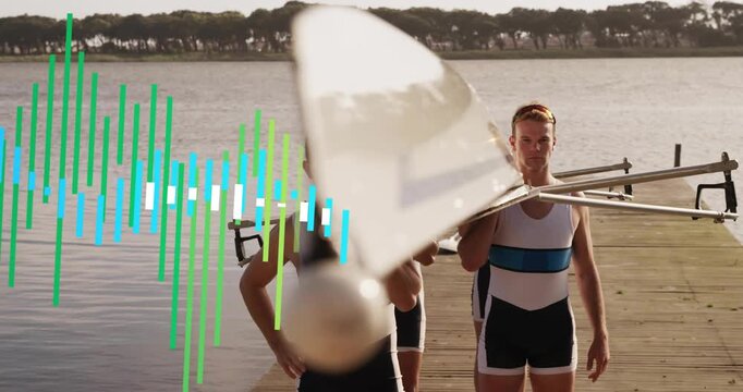 Two male rowers guiding rowing shell forward dock and waveform graphic pulsating preparing launch