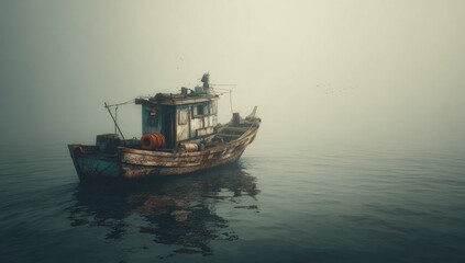 Obraz premium Misty Sea, Abandoned Fishing Boat