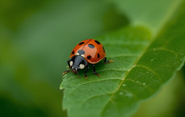 Naklejka premium A close-up of a ladybug sitting on a green leaf