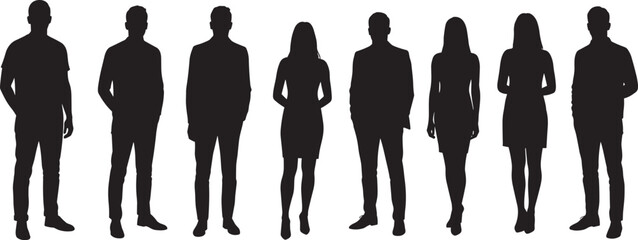 Diverse human silhouettes, male and female figures, casual and formal attire, standing group icons, social representation vector, isolated people illustration set