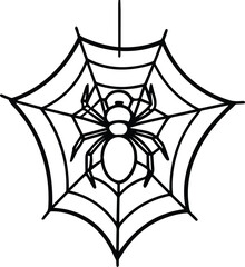 Spider hanging on web outline vector drawing