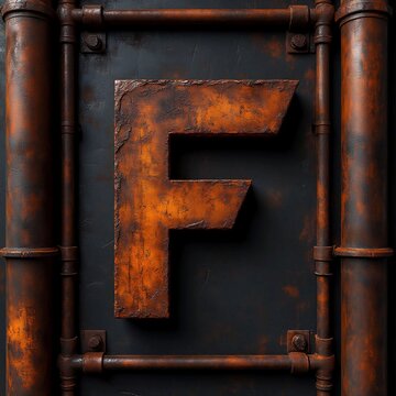 rusty metal door, 3d, symbol, sign F, 3d, symbol f