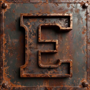 rusty metal background, 3d, symbol, sign E