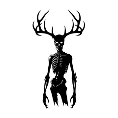 Silhouette of a skeletal creature with large antlers on a white background