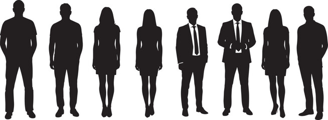 Diverse human silhouettes, male and female figures, casual and formal attire, standing group icons, social representation vector, isolated people illustration set