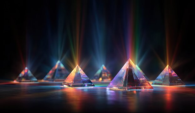 Glowing pyramids on dark surface