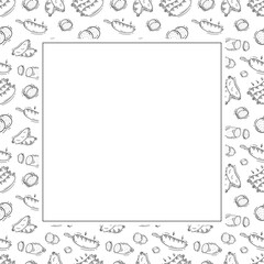 sausage frame. doodle grill sausage square frame. hand drawn sausage frame background. grill sausage background
