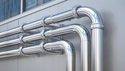 Industrial metal pipes against a light gray wall