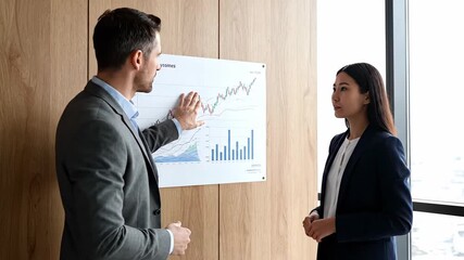 Two business partners from different backgrounds examining sales figures on a large chart. A financial advisor of Asian descent sharing insights on investment patterns with a businessman - Powered by Adobe