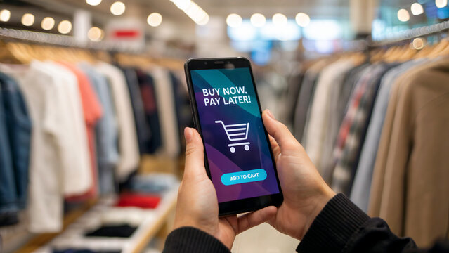 Effortlessly shop now and pay later with this modern mobile payment app displayed in a trendy clothing store.