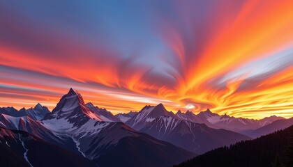 Obraz premium Fiery sunset paints the peaks of a majestic mountain range in vibrant hues of orange, pink, and purple, casting long shadows across the valleys below, serene, dusk