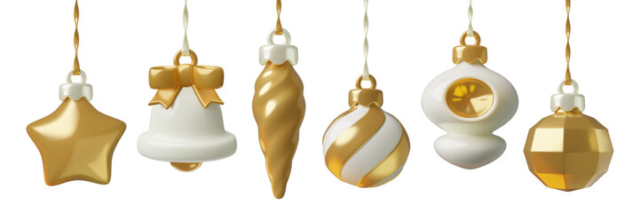 Gold Christmas ornaments and baubles 3d vector collection. New Year tree and winter holiday decorative elements set isolated on white background. 