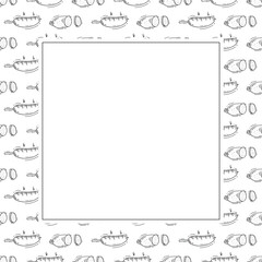sausage frame. doodle grill sausage square frame. hand drawn sausage frame background. grill sausage background