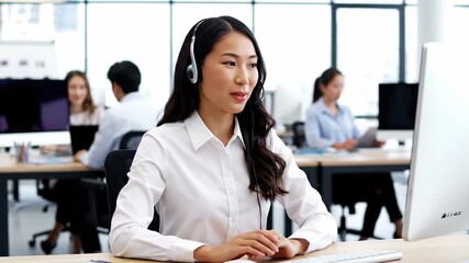 Female telemarketer with professional expertise working in a bustling call center, offering customer support and friendly assistance