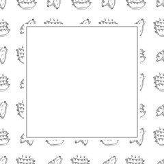 sausage frame. doodle grill sausage square frame. hand drawn sausage frame background. grill sausage background