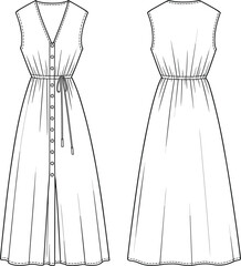 Technical fashion sketch, sleeveless button-down dress, V-neckline, drawstring waist, flared skirt, front and back view, vector illustration, garment construction