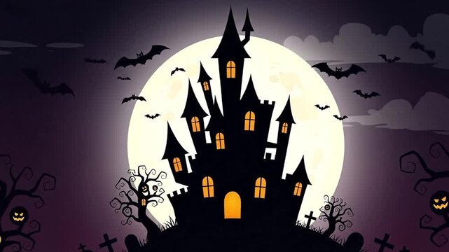Spooky Halloween Castle Silhouette Under Full Moon.