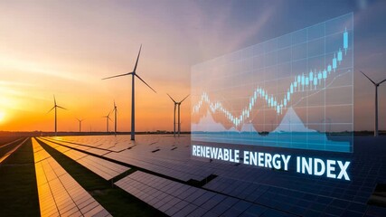 Dynamic renewable energy investment video showcasing solar panels and wind turbines driving sustainable growth with positive financial index trends - Powered by Adobe