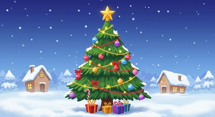 A decorated Christmas tree with a glowing star, presents, and ornaments in a snowy village landscape at night.