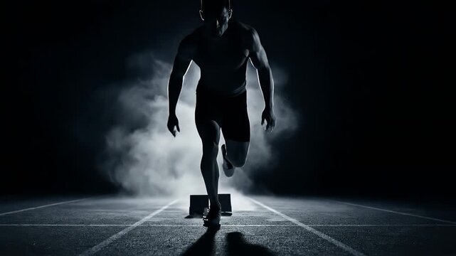 Sprinter explodes from starting blocks in slow motion silhouette