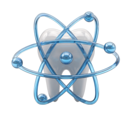 3D Atomic Tooth with Orbiting Spheres – Dental Technology Concept Transparent Background