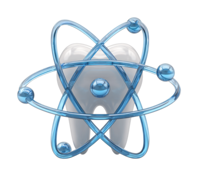 3D Atomic Tooth with Orbiting Spheres – Dental Technology Concept Transparent Background